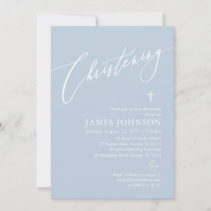 Elegant Dusty Blue White Cross Boy Christening Einladung
