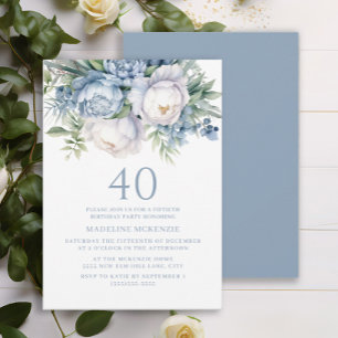 Elegant Dusty Blue White Floral 40. Geburtstag Einladung