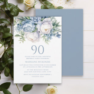 Elegant Dusty Blue White Floral 90. Geburtstag Einladung