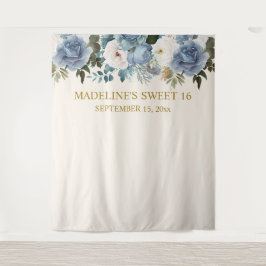 Elegant Dusty Blue White Floral Sweet 16 Foto Wandteppich