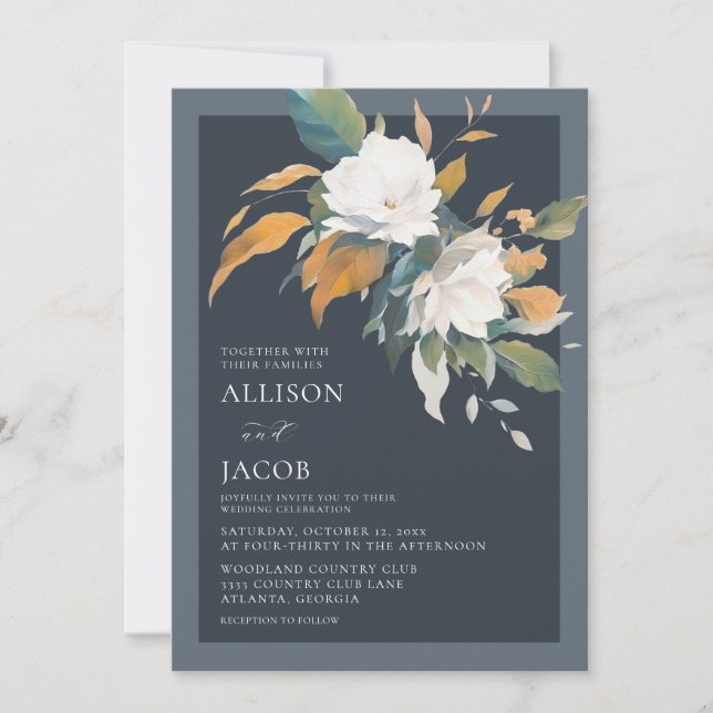 Elegant Dusty Blue White Floral Wedding Einladung (Vorderseite)