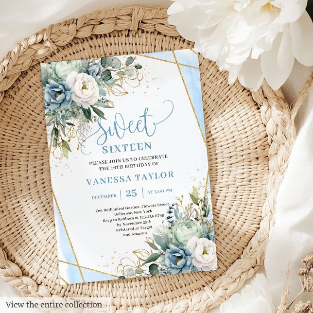 Elegant Dusty Blue White Gold Floral Sweet 16 Einladung (Elegant Dusty Blue White Gold Floral Sweet 16 Invitation)