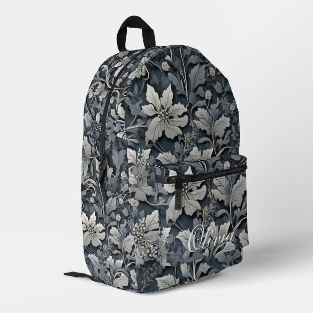Elegant dusty blue white grau bedruckter rucksack (Rückseitige Ecke links)