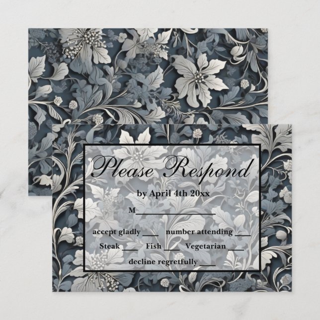 Elegant dusty blue white grau RSVP karte (Vorne/Hinten)