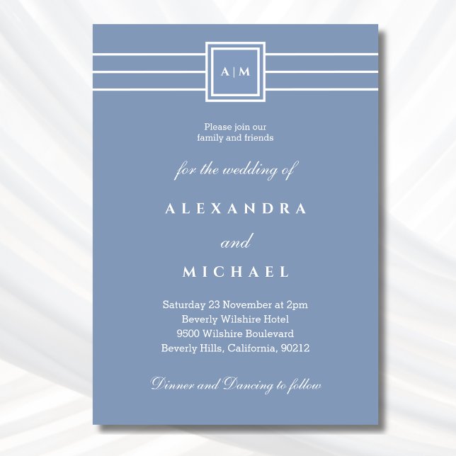 Elegant Dusty Blue White Monogram Modern Wedding Einladung (Von Creator hochgeladen)