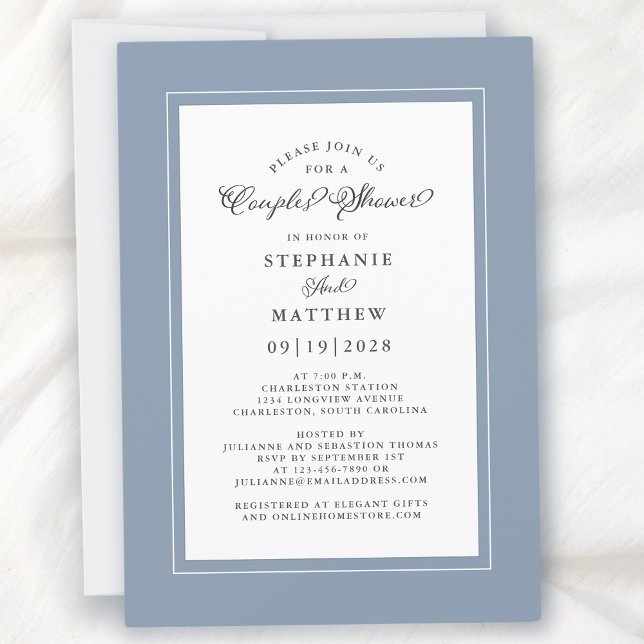 Elegant Dusty Blue White Wedding Couples Dusche Einladung (Elegant Dusty Blue White Wedding Couples Shower Invitation)