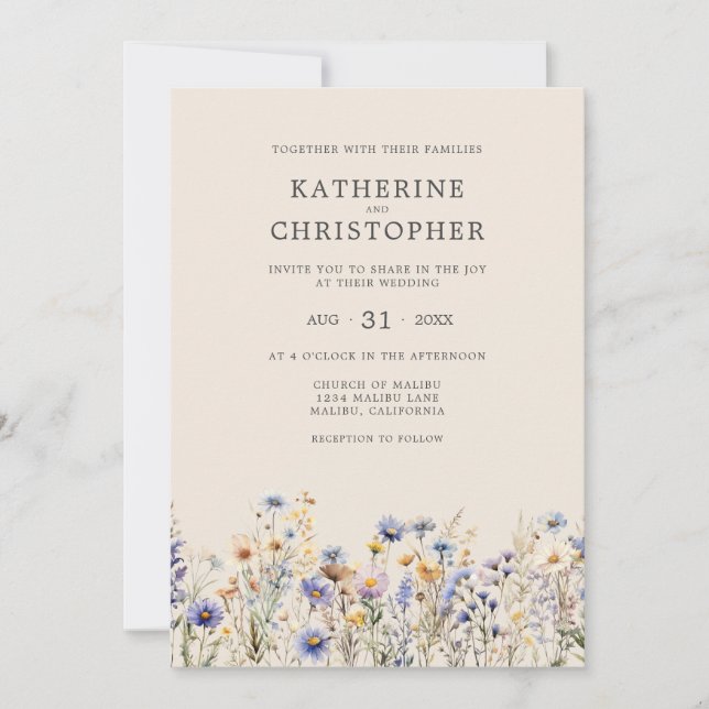 Elegant Dusty Blue Wildblume Budget Beige Wedding Einladung (Vorderseite)
