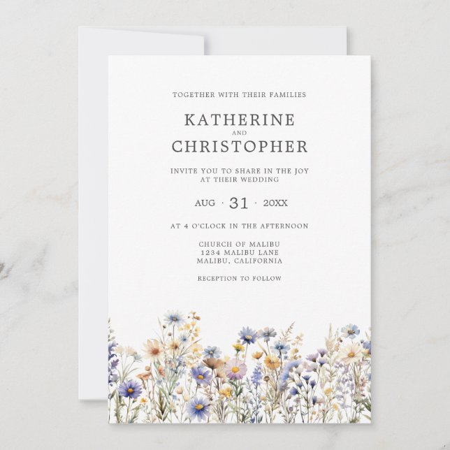 Elegant Dusty Blue Wildblume Budget Hochzeit Einladung (Vorderseite)