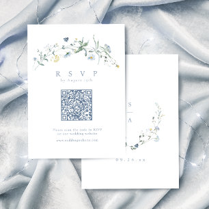 Elegant Dusty Blue Wildblume Rustic Boho QR Code RSVP Karte