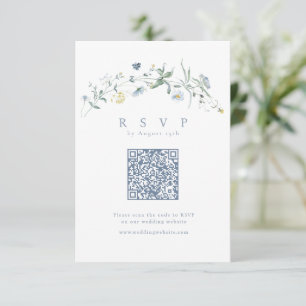 Elegant Dusty Blue Wildblume Rustic Boho QR Code RSVP Karte
