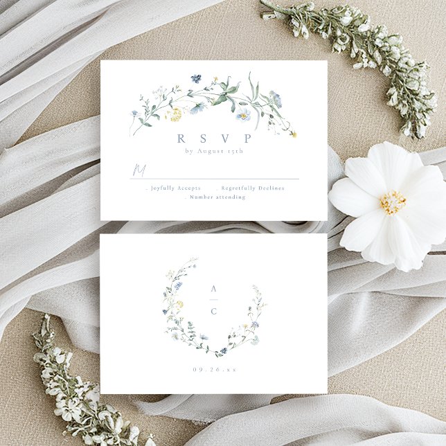 Elegant Dusty Blue Wildblume Rustic Boho Wedding RSVP Karte (Elegant Dusty Blue Wildflower Rustic Boho Wedding RSVP Card)