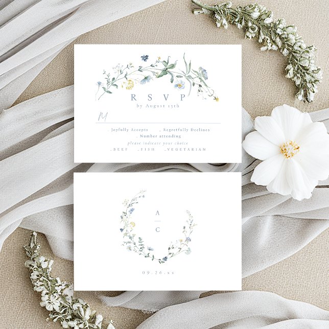 Elegant Dusty Blue Wildblume Rustic Boho Wedding RSVP Karte (Elegant Dusty Blue Wildflower Rustic Boho Wedding RSVP Card)