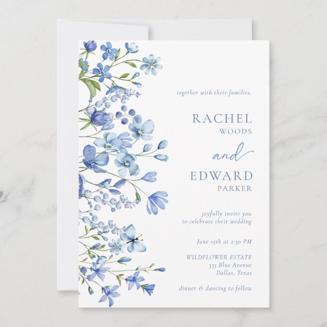 Elegant Dusty Blue Wildblume Wedding Einladung (Vorderseite)