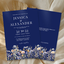 Elegant Dusty Blue Wildblumen Navy Hochzeit Einladung