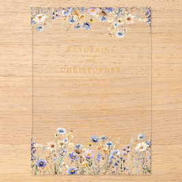 Elegant Dusty Blue Wildblumen Wedding Gold Acryleinladungen