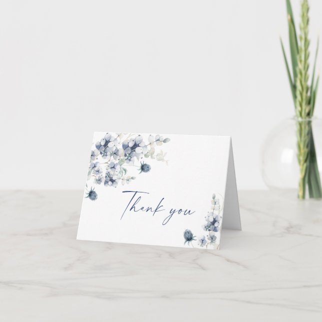 Elegant Dusty Blue Winter Foliage Boho Wasserfarbe Dankeskarte (Vorderseite)