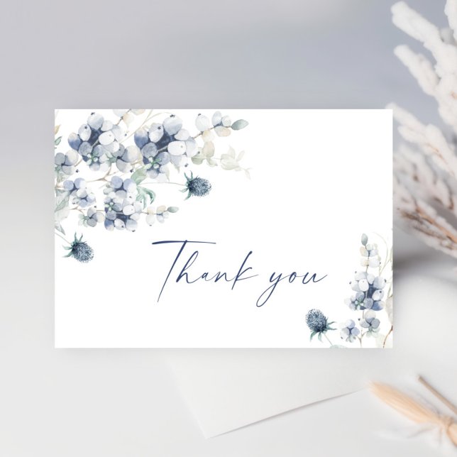 Elegant Dusty Blue Winter Foliage Boho Wasserfarbe Dankeskarte (Von Creator hochgeladen)