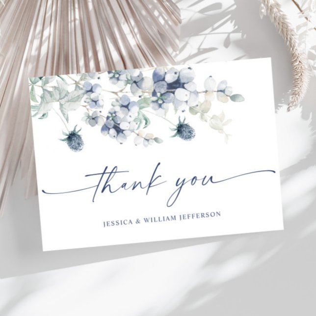 Elegant Dusty Blue Winter Foliage Boho Wasserfarbe Dankeskarte (Von Creator hochgeladen)