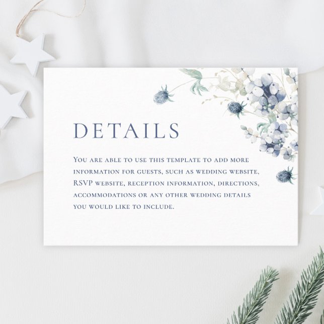 Elegant Dusty Blue Winter Foliage Hochzeitdetails Begleitkarte (Von Creator hochgeladen)