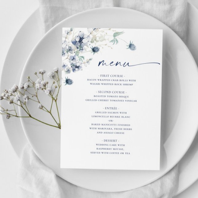 Elegant Dusty Blue Winter Foliage Wedding Menükarte (Von Creator hochgeladen)