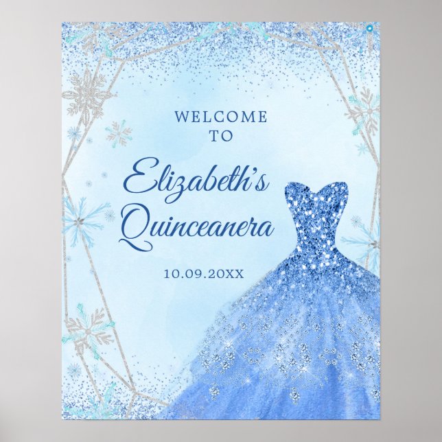 Elegant Dusty Blue Winter Quinceñera Begrüßungszei Poster (Vorne)
