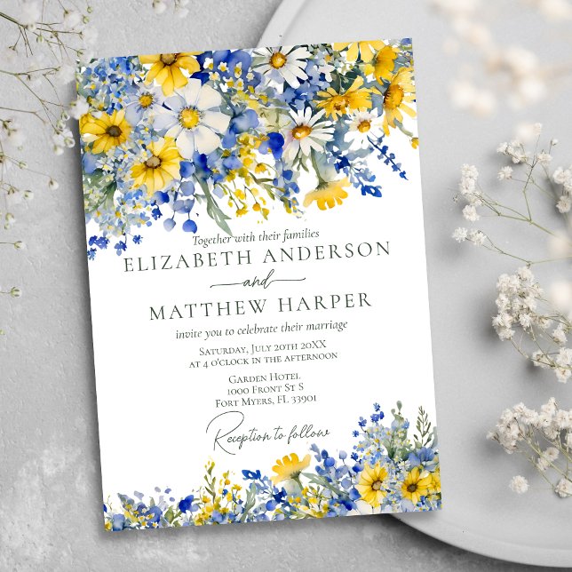 Elegant Dusty Blue Yellow Wildblumen Boho Wedding Einladung (Von Creator hochgeladen)