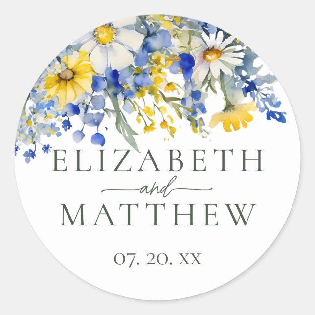 Elegant Dusty Blue Yellow Wildblumen Boho Wedding Runder Aufkleber (Vorderseite)