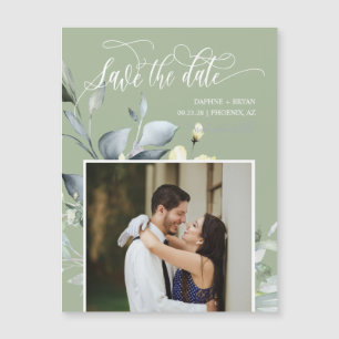 Elégant Dusty Green Feuilles Sauvez le Date Magnet