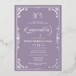Elegant Dusty Lila Lavender Quinceañera Silver Folieneinladung