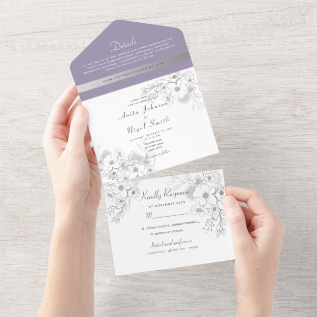 Elegant Dusty Lila Wedding All In One Einladung (Abreißen)