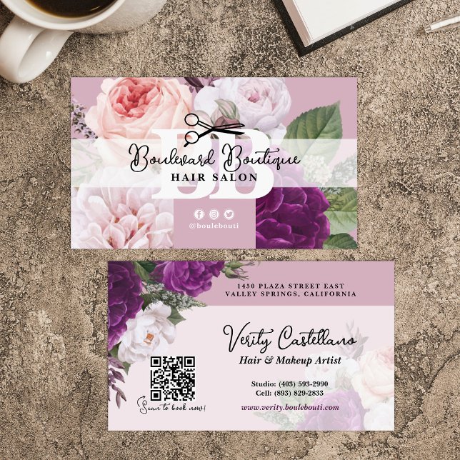 Elegant Dusty Mauve Floral Hair Salon Stylist QR Visitenkarte (Von Creator hochgeladen)