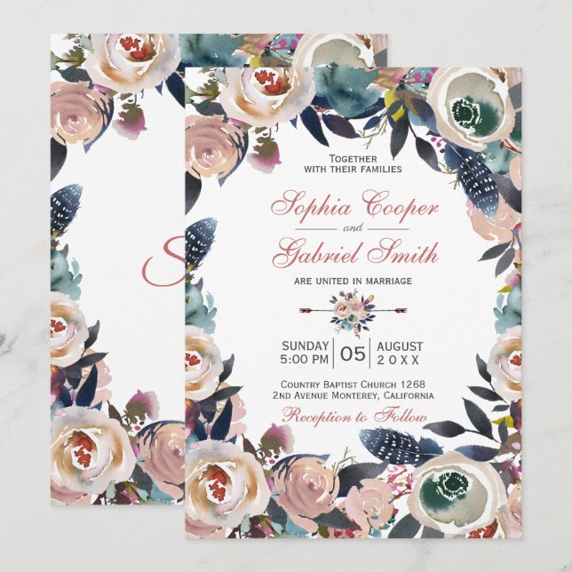 Elegant Dusty Pink Blue Floral Wreath Wedding Einladung (Vorne/Hinten)
