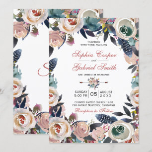 Elegant Dusty Pink Blue Floral Wreath Wedding Einladung