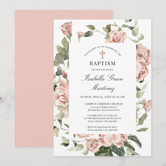 Elegant Dusty Pink Blumenkreuz Taufe Einladung (Vorne/Hinten)