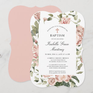 Elegant Dusty Pink Blumenkreuz Taufe Einladung