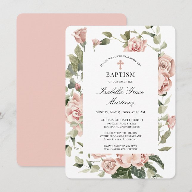 Elegant Dusty Pink Blumenkreuz Taufe Einladung (Vorne/Hinten)