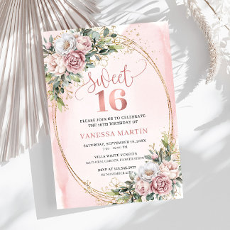 Elegant Dusty Pink Floral Greenery Sweet Sixteen Einladung