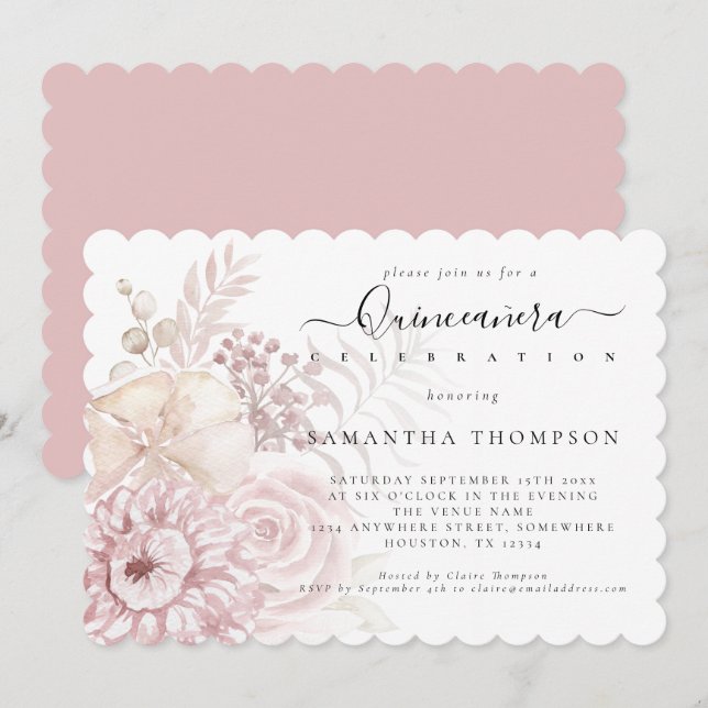 Elegant Dusty Pink Florals Quinceañera Einladung (Vorne/Hinten)
