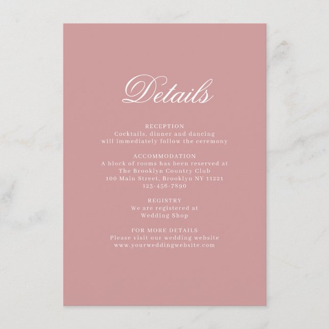 Elegant Dusty Pink Monogram Wedding Details Begleitkarte (Vorderseite)