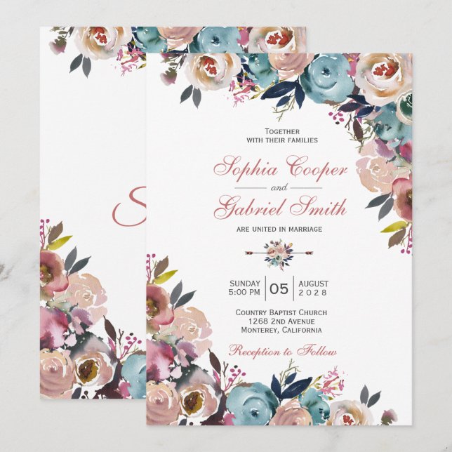 Elegant Dusty Pink Peach Blue Floral Wedding Einladung (Vorne/Hinten)