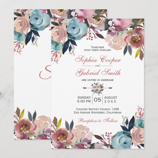 Elegant Dusty Pink Peach Blue Floral Wedding Einladung (Vorne/Hinten)