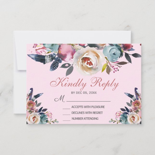Elegant Dusty Pink Peach Blue Floral Wedding RSVP Karte (Vorderseite)