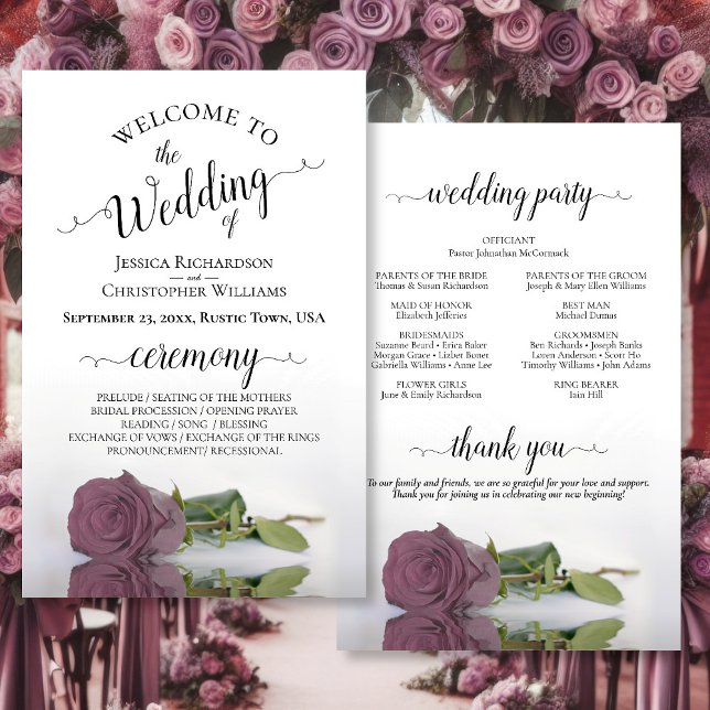 Elegant Dusty Pink Rose Budget Hochzeitsprogramm (Front/Back)