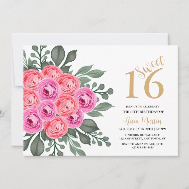 Elegant Dusty Pink Rose Greenery Gold Sweet 16 Einladung (Vorderseite)