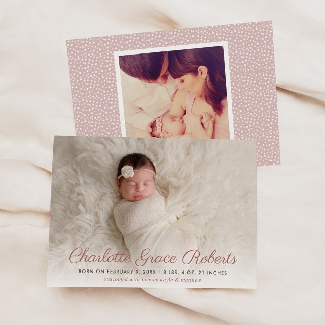 Elegant Dusty Pink Script Baby Girl Foto Birth Ankündigung (Von Creator hochgeladen)