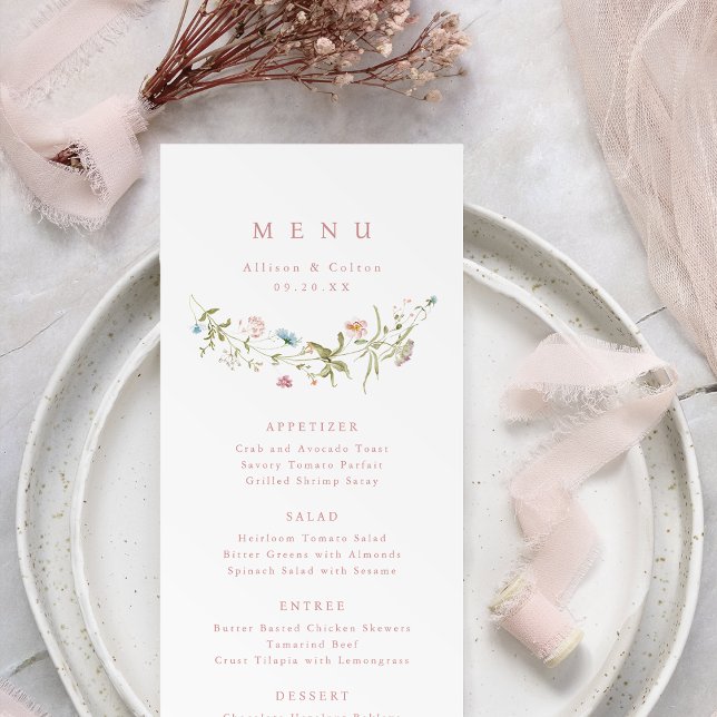 Elegant Dusty Pink Wildblume Rustic Boho Wedding Menükarte (Elegant Dusty Pink Wildflower Rustic Boho Wedding Menu)