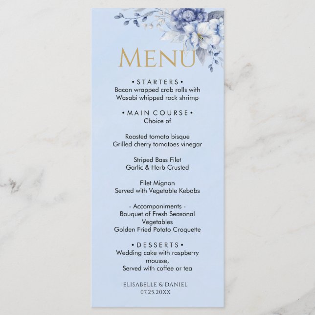 Elegant Dusty Powder Blue Floral Wedding Dinner Menükarte (Vorderseite)