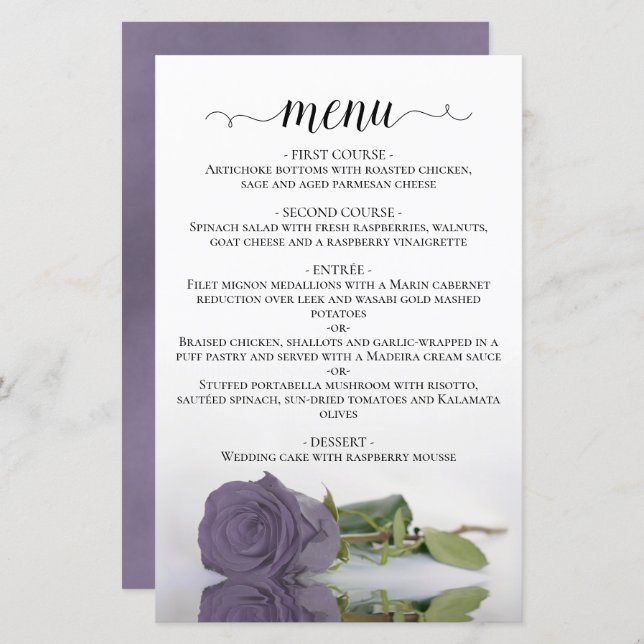Élégant Dusty Purple Rose Budget Mariage Menu (Devant / Derrière)