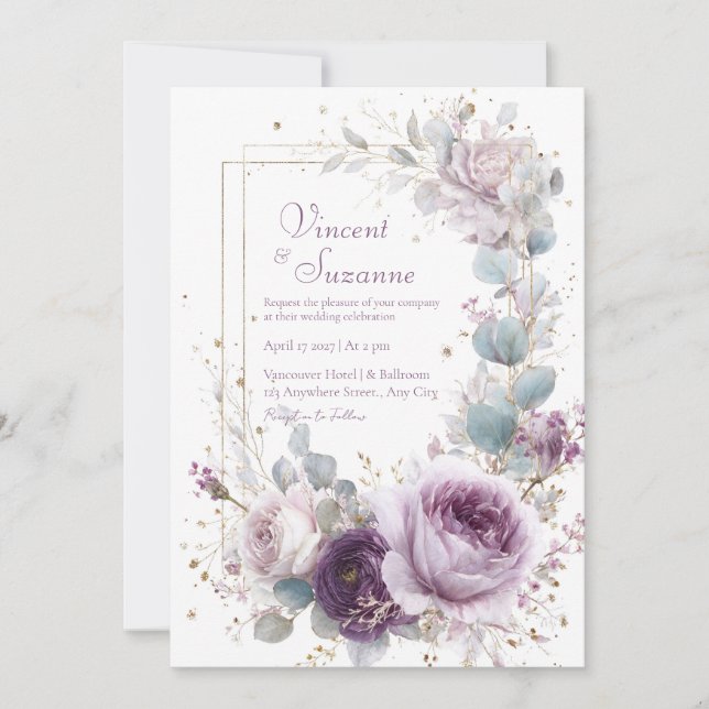 Elegant Dusty Purple Rose Eucalyptus Gold Glitter Einladung (Vorderseite)