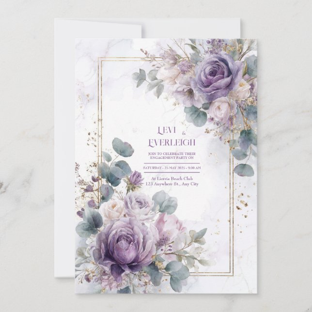 Elegant Dusty Purple Rose Eucalyptus Gold Marble Einladung (Vorderseite)
